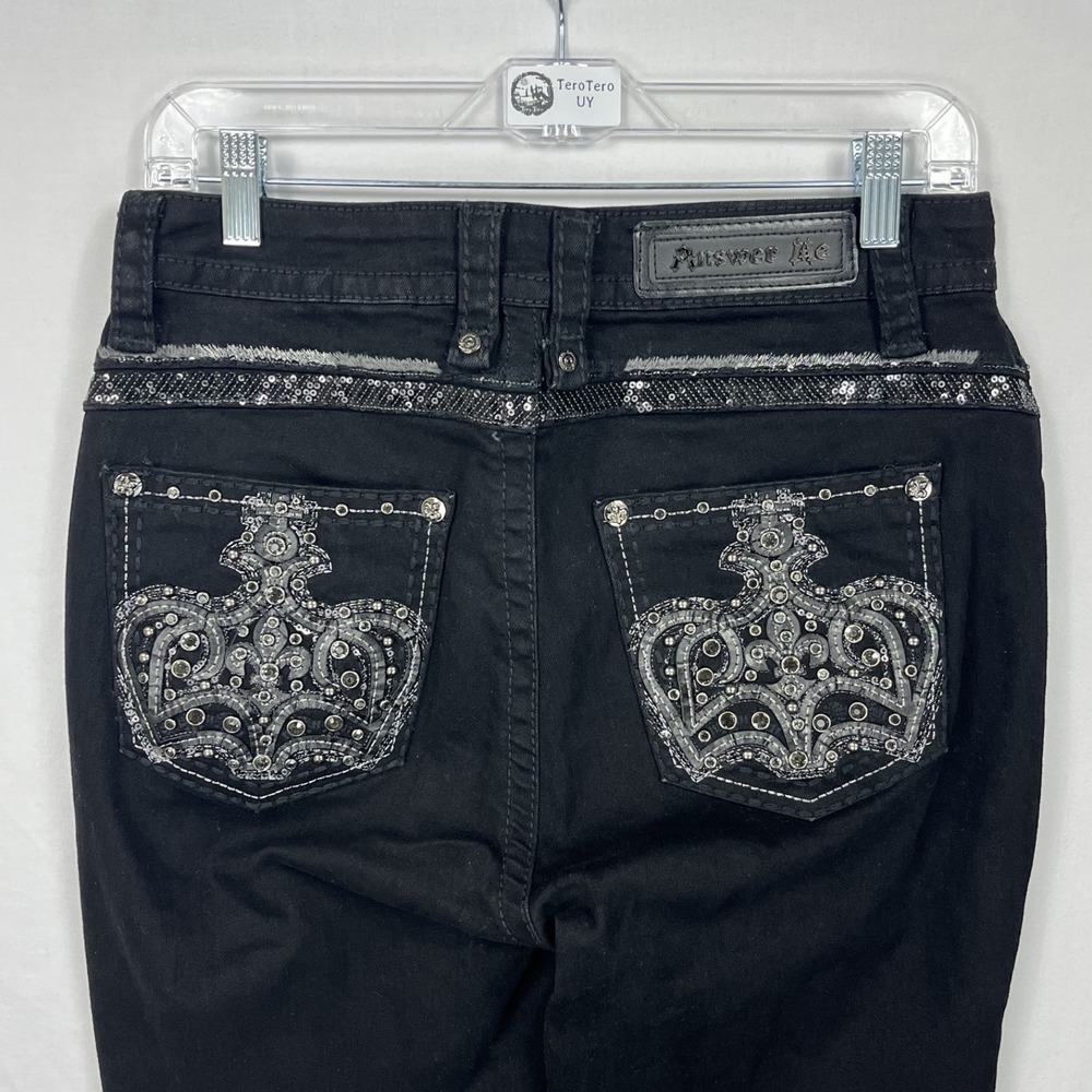 Answer Me Womens Size 9 Black Embellished Crown Pocket Bootcut Stretch Jeans Y2K